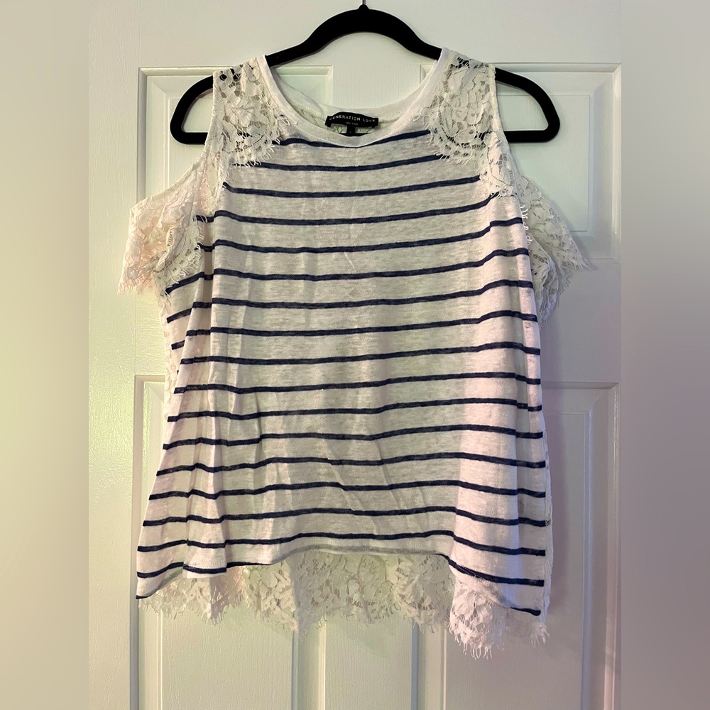 Generation Love cold shoulder top. Stripe front/lace back & sleeve